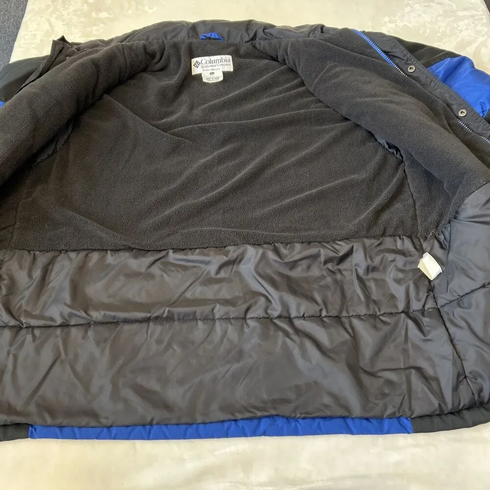 Columbia Men's Parka Sz L Blue/Black Nylon Hooded Pockets Adj Waist Fleece Lined